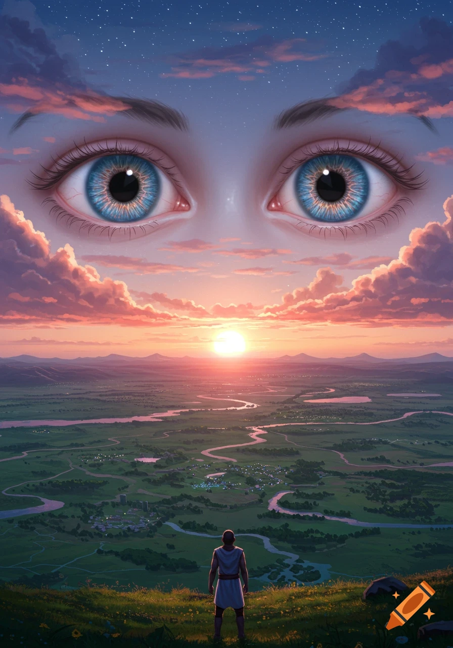 A person stands on a hill, overlooking a sprawling green valley with winding rivers at sunset, beneath a night sky dominated by giant blue eyes framed by clouds and stars.