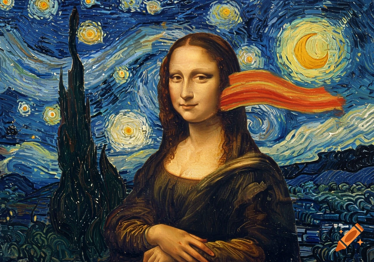 Mona Lisa's portrait with a red wavy element against a Starry Night background, painted in a stylized manner.
