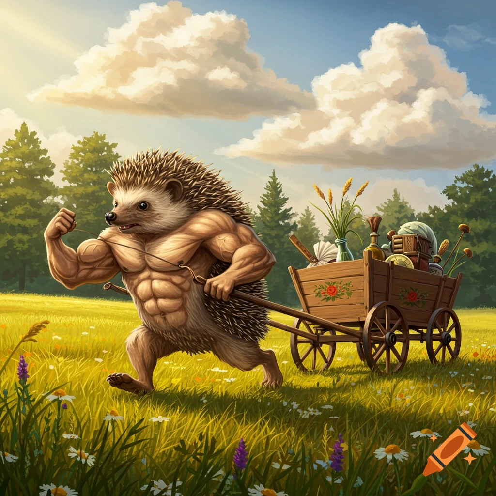 A muscular hedgehog pulls a wooden cart filled with goods through a sunny, grassy field in an illustrative style.