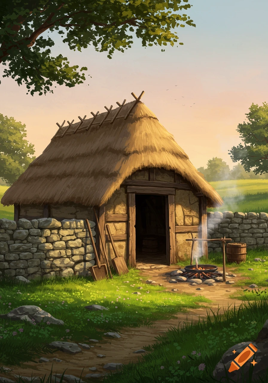 A thatched-roof peasant hut stands beside a stone wall in a grassy field at sunset, with a smoking campfire out front.