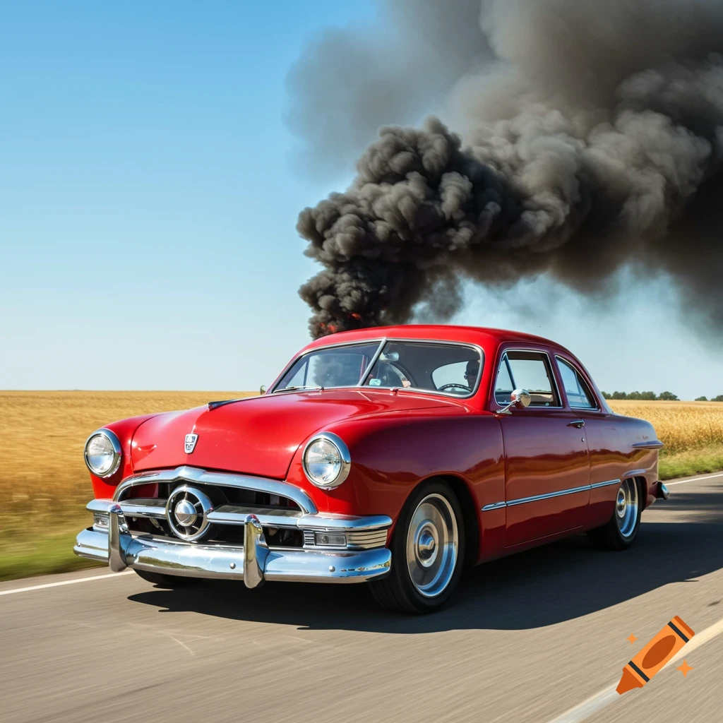 A red vintage car drives down a road, emitting a large plume of black smoke.