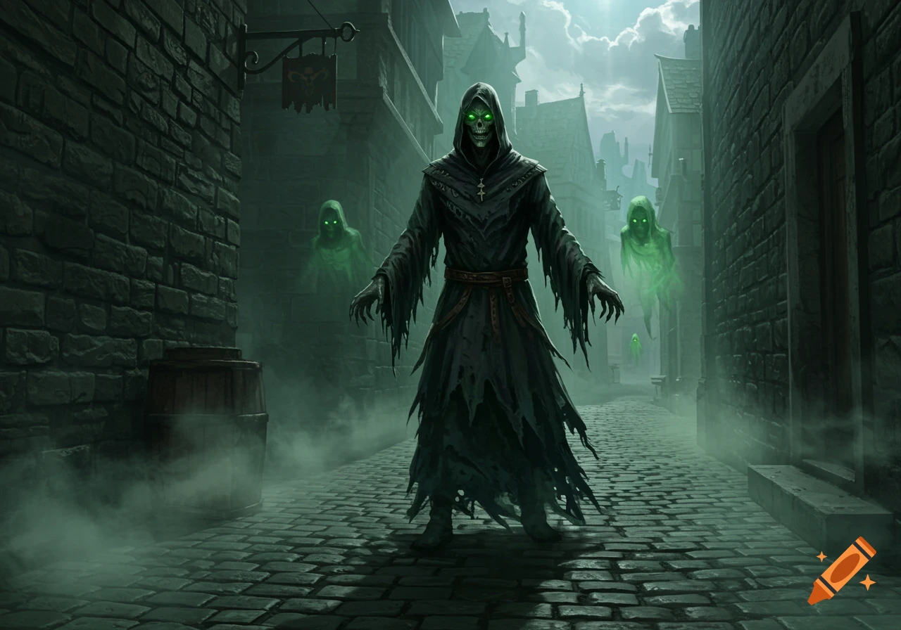 A skeletal figure with glowing green eyes stands in a misty, dark alleyway with other green-eyed ghosts in the background. Dark fantasy art style.