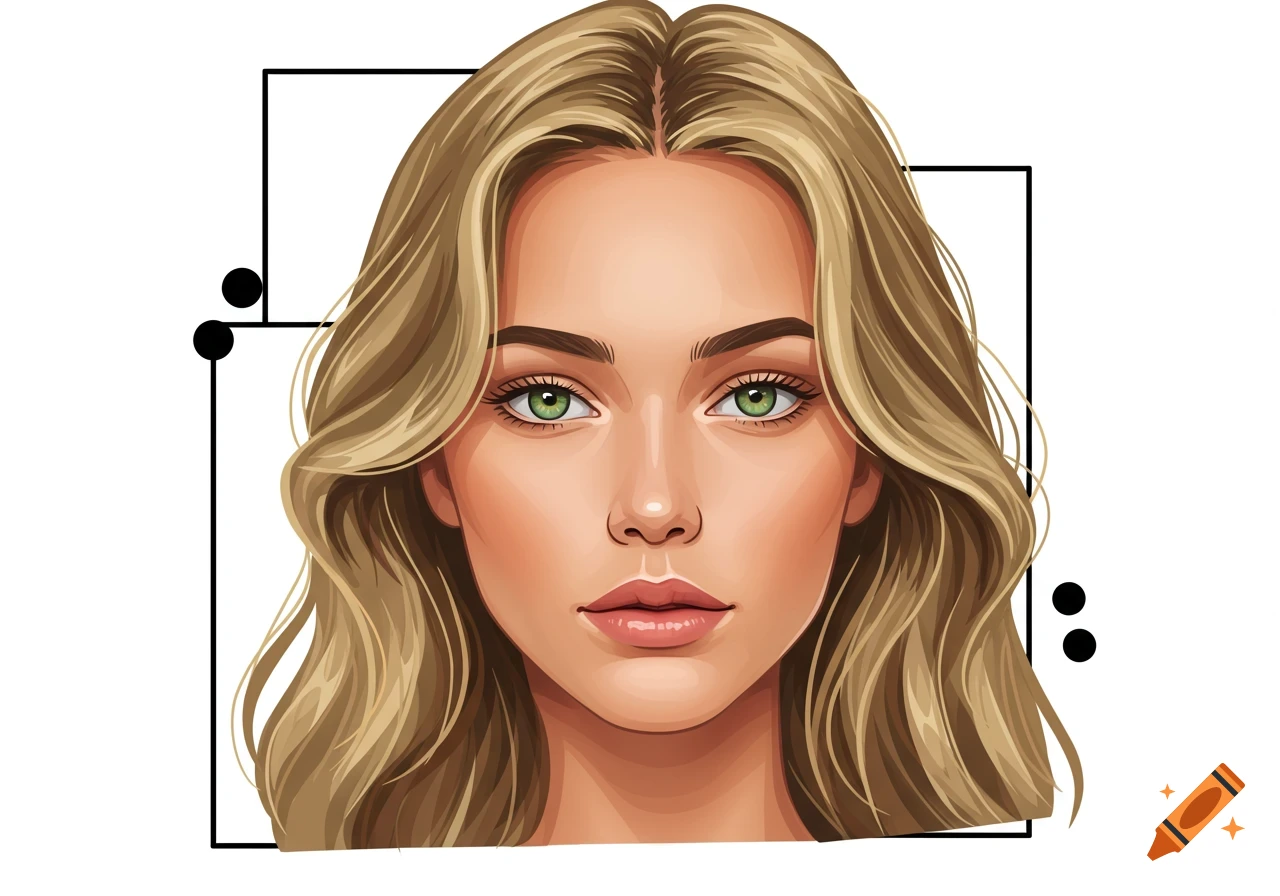 Digital art portrait of a woman with long wavy dirty blonde hair and bright green eyes.