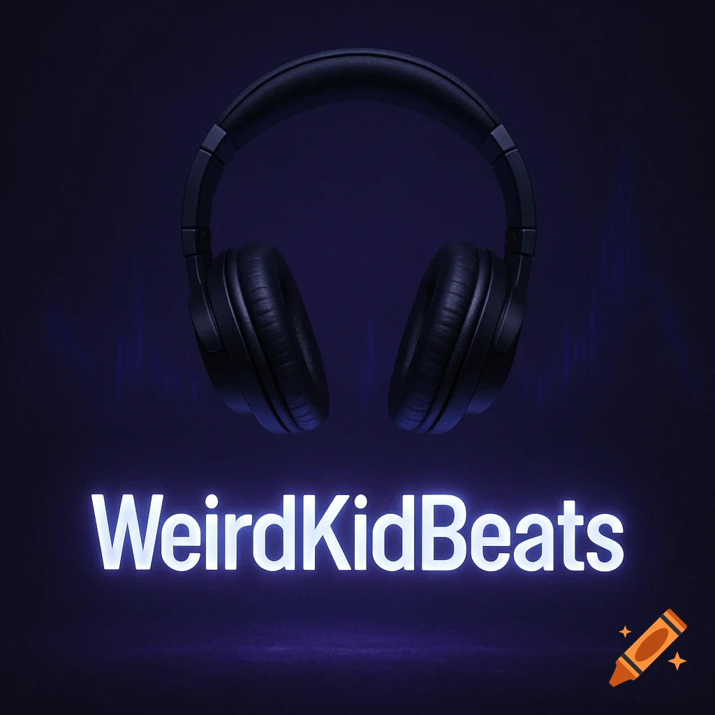 Black headphones above glowing white text 'WeirdKidBeats' on a midnight purple background with subtle sound waves.