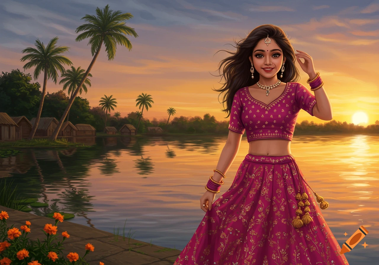 A smiling Indian girl in a pink lehenga stands by a serene lake at sunset, with palm trees and huts in the background, digital painting style.