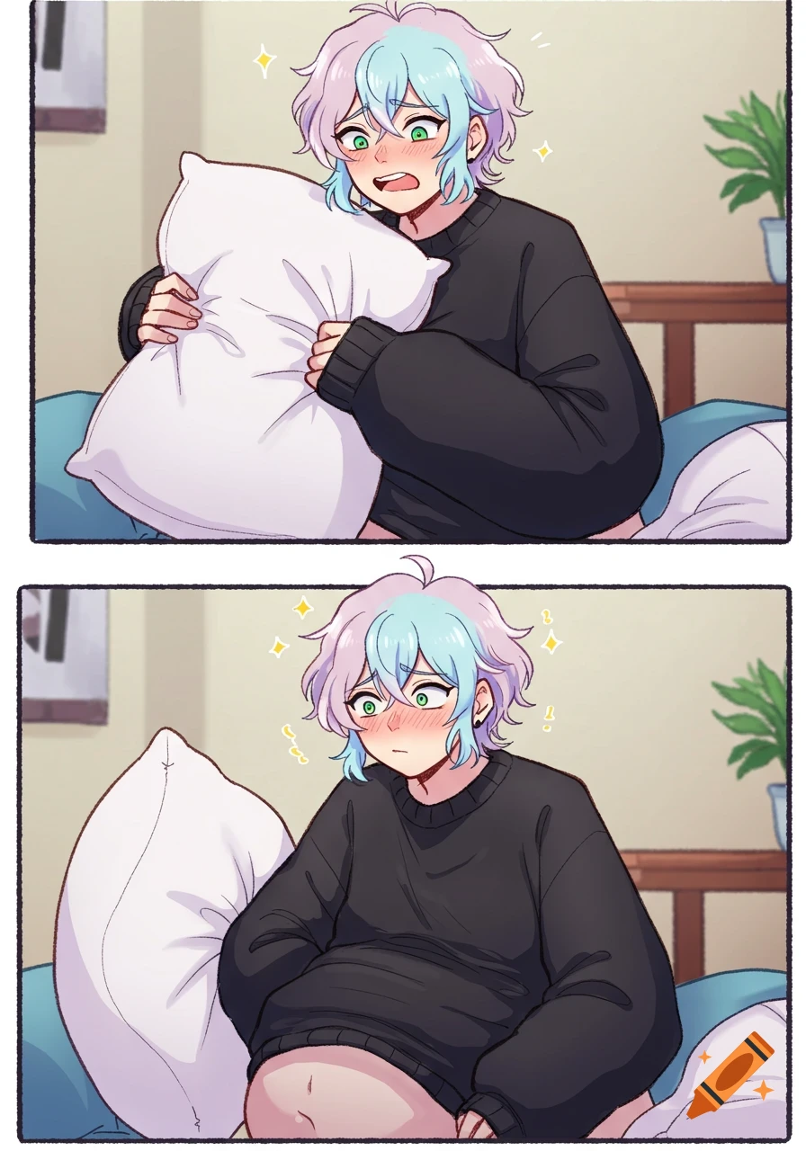 A feminine anime character with colorful hair stuffs a pillow under their sweater to appear pregnant, looking shy in a two-panel comic.
