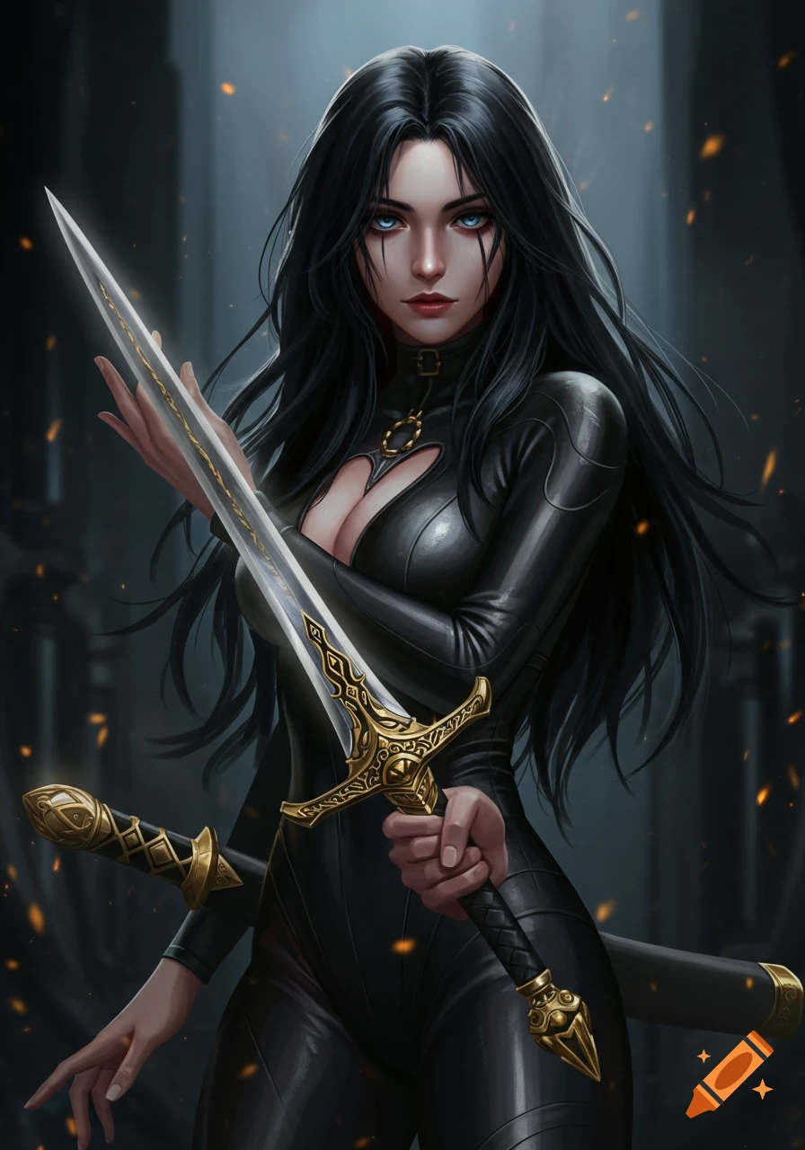 A digital painting of a dark-haired woman in a black skin-tight suit, holding an ornate sword.