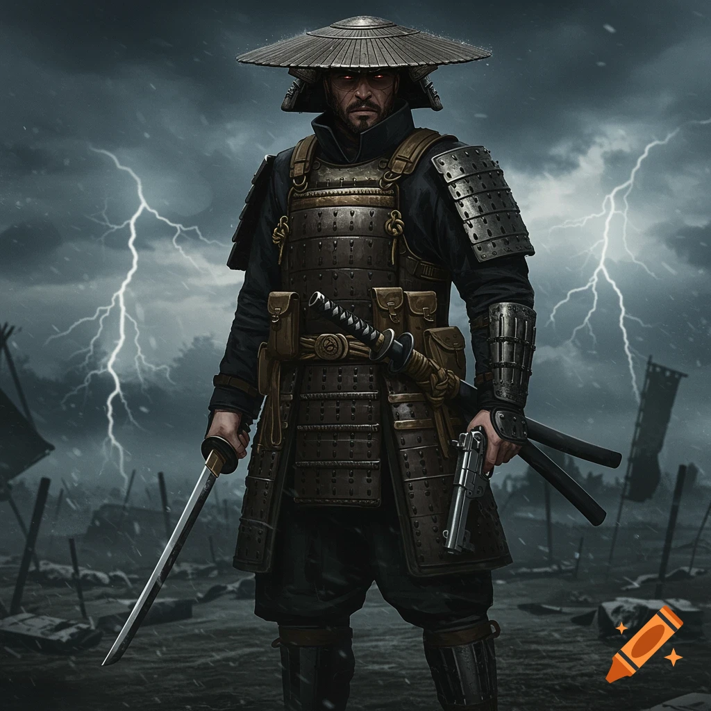 A brooding male samurai-like warrior in armor, holding a katana and a gun, stands in a stormy, lightning-filled battlefield.