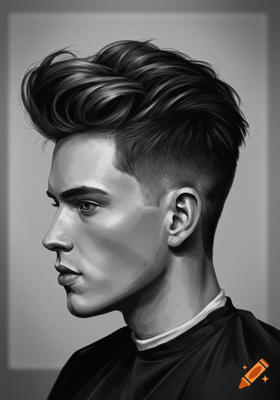 Grayscale digital painting of a young man's profile, featuring a taper fade haircut with a textured top.