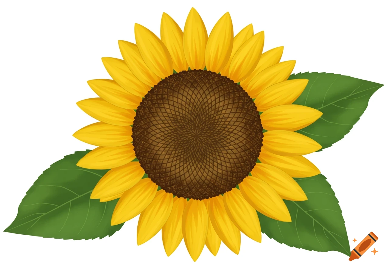 A vibrant yellow sunflower with a textured brown center and green leaves on a white background.