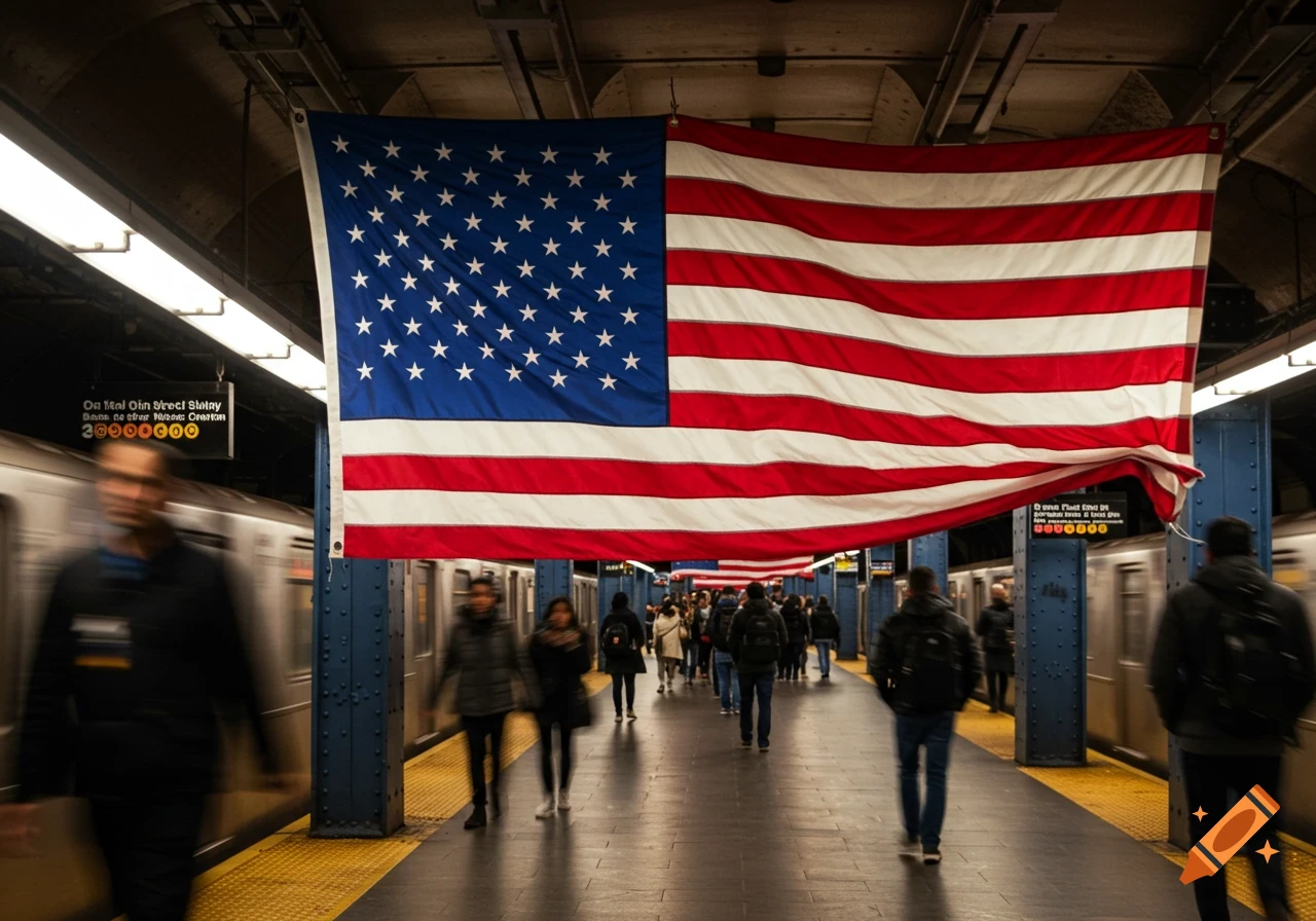 A large American flag hangs in a bustling subway station with trains and blurred commuters on the platform.