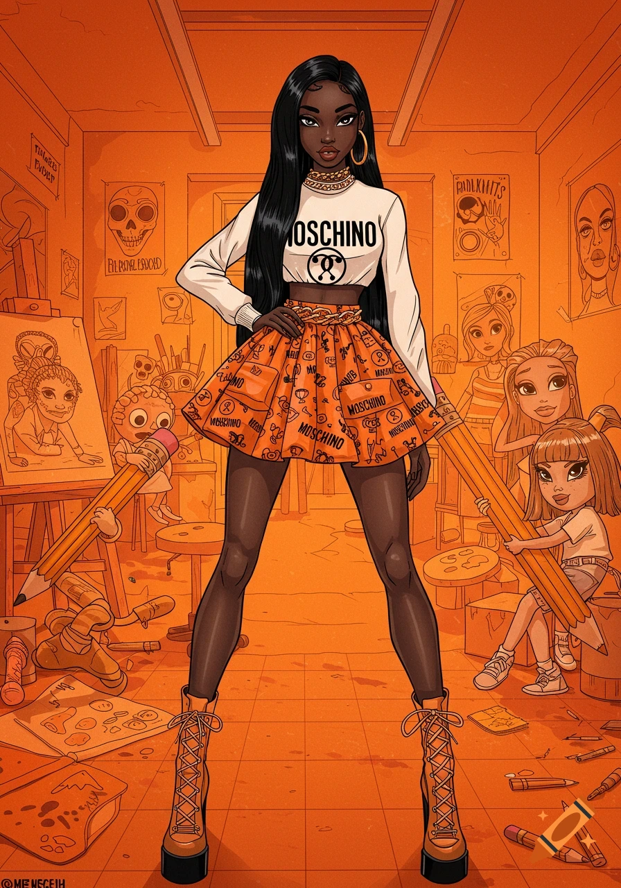 Fashion illustration of a tall Black woman in Moschino outfit standing in an orange art studio with cartoon characters and sketches.