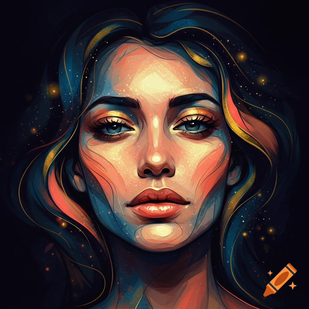 Abstract portrait of a woman with vibrant, colorful brushstrokes and gold accents on dark background.