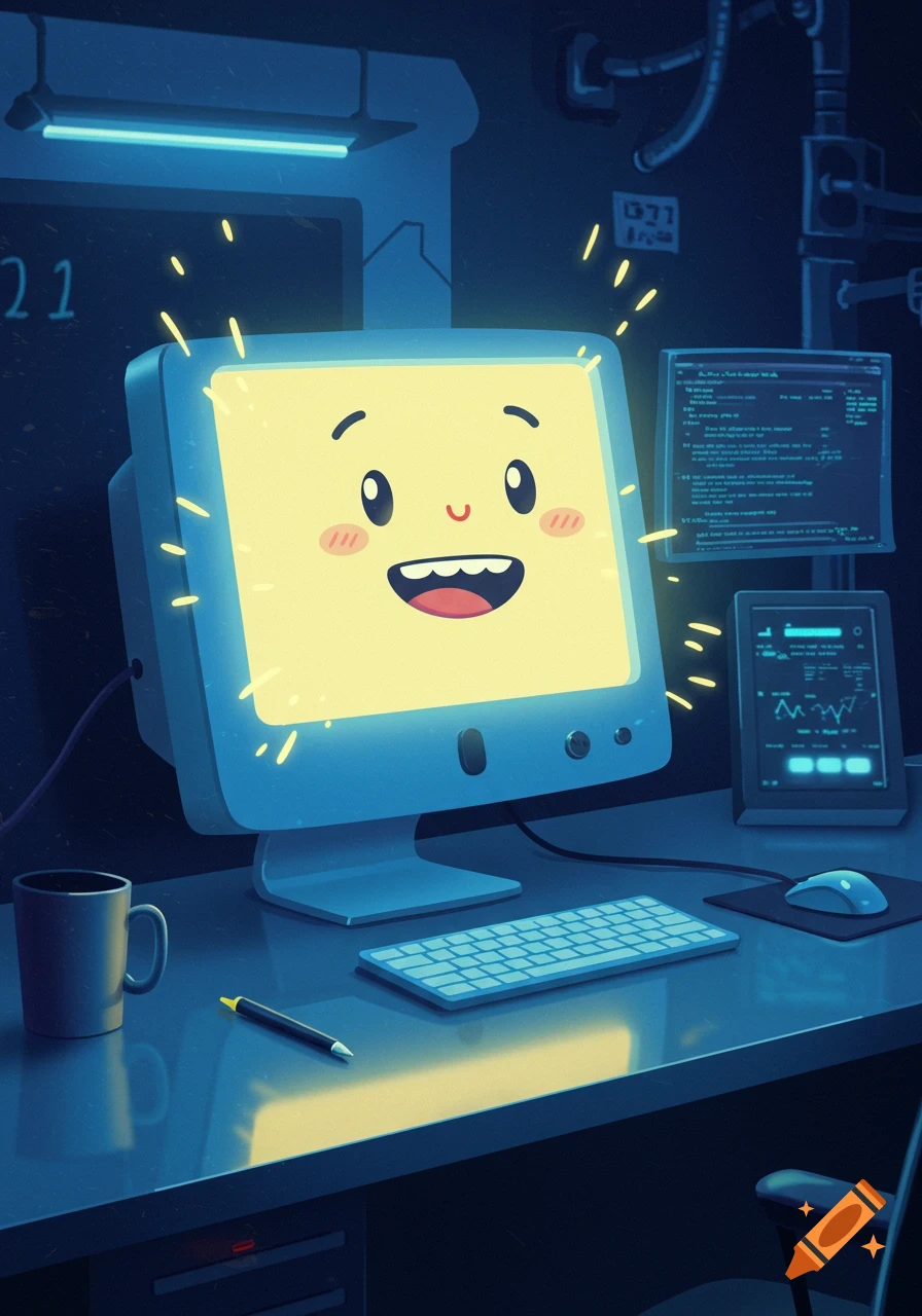 A happy cartoon computer monitor with a smiling face on a desk with a keyboard, mouse, and other screens in a blue-lit room.