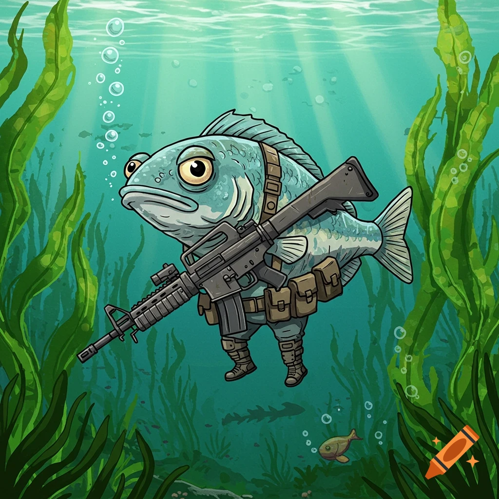 A cartoon fish wearing tactical gear and holding an M-16 rifle swims underwater amidst green seaweed and bubbles.