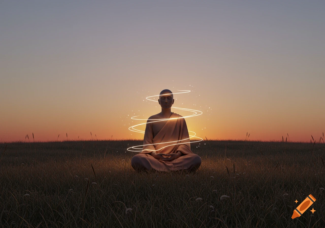 A person meditating in a field at sunset with glowing white light swirling around their head.