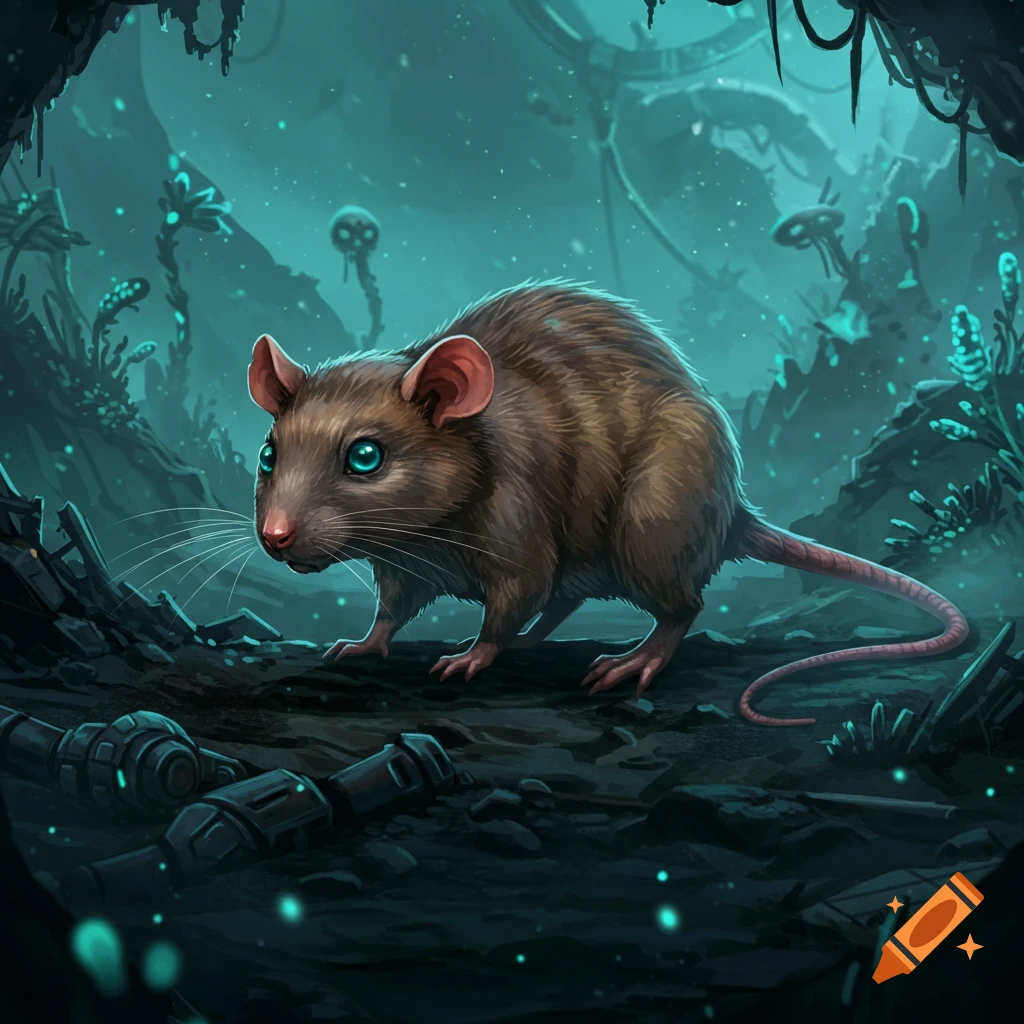 A brown boomrat with bright blue eyes stands in a dark, glowing alien cavern. Digital art style.