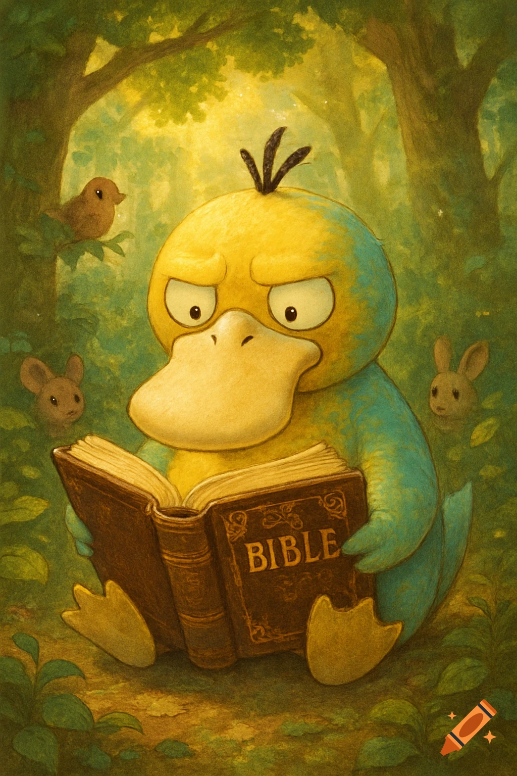 A yellow and teal Psyduck from Pok emon sits in a lush green forest, engrossed in reading a brown book titled 'BIBLE'.