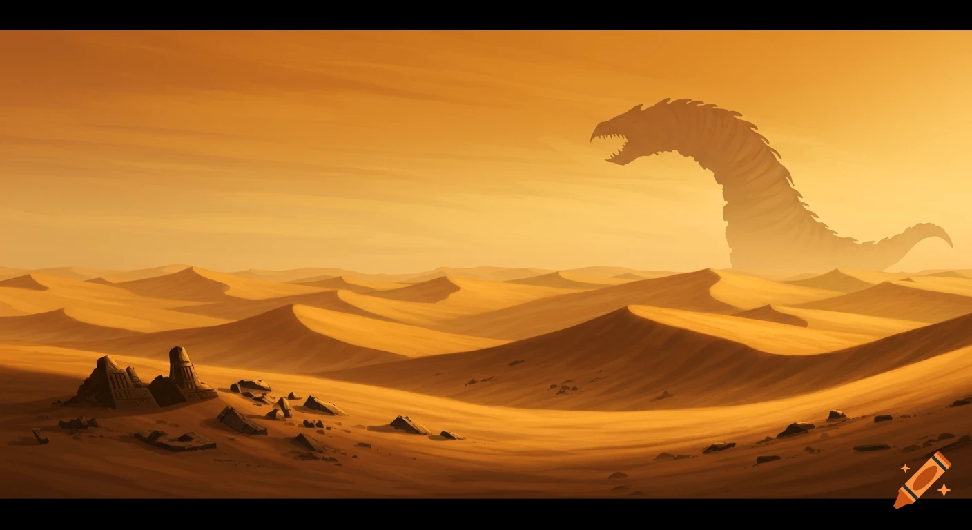 A colossal, silhouetted worm creature emerges from a vast, orange desert landscape with dunes and ruins, stylized digital art.