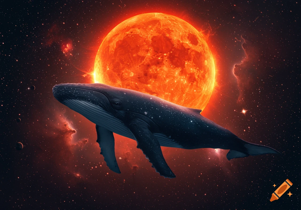 A large blue whale floats in dark space, silhouetted against a huge, glowing red sun with surrounding stars and nebulae.
