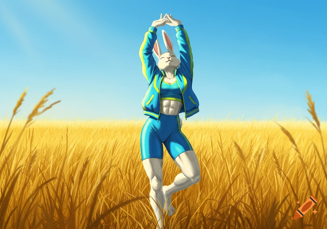 An anthropomorphic bunny wearing a blue and yellow tracksuit stretches in a sunny field of golden wheat.