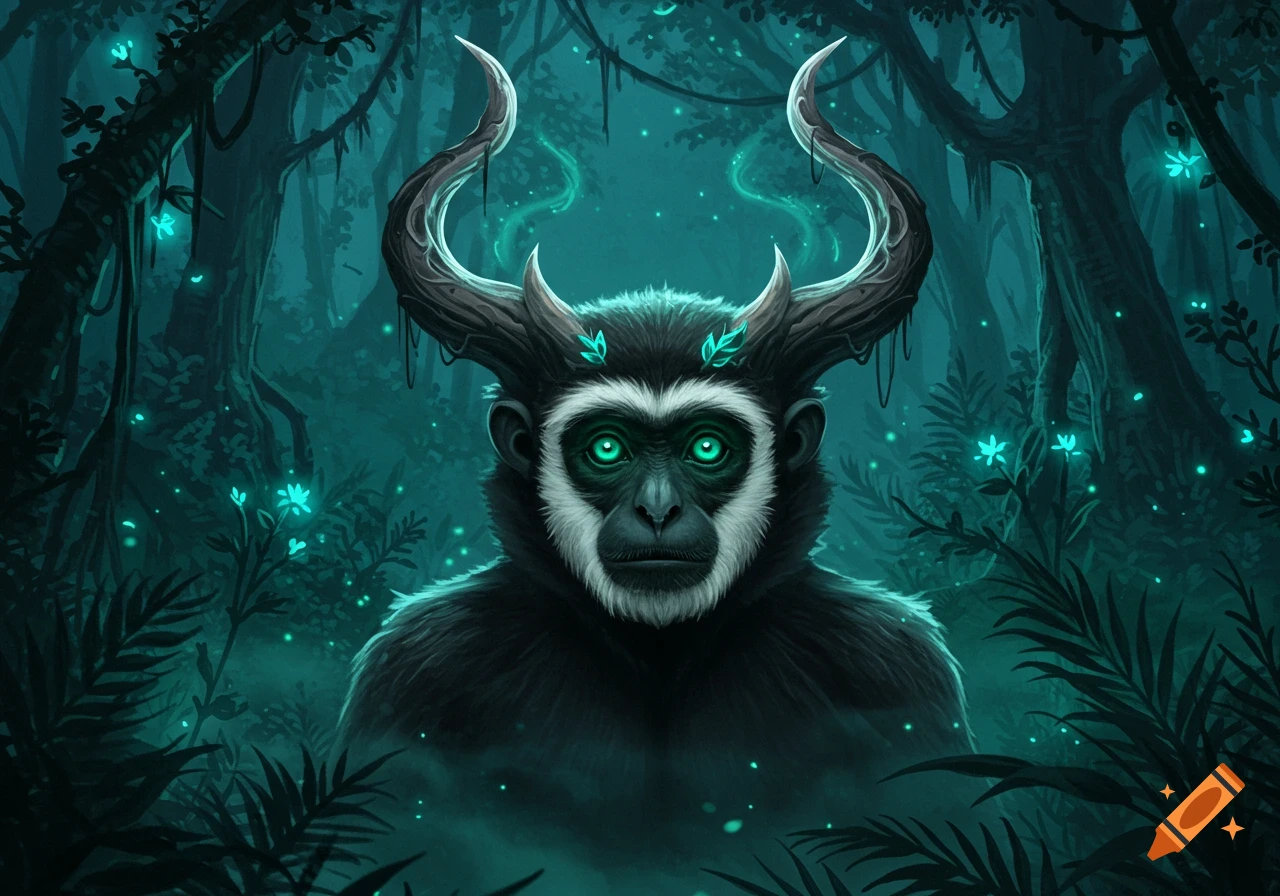 A mystical gibbon monkey with large horns and glowing green eyes stares out from a dark, glowing teal jungle.