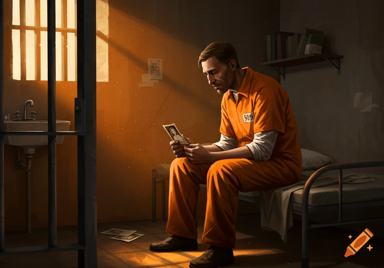 A sad man in an orange jumpsuit sits on his bed in a prison cell, looking at a photo.