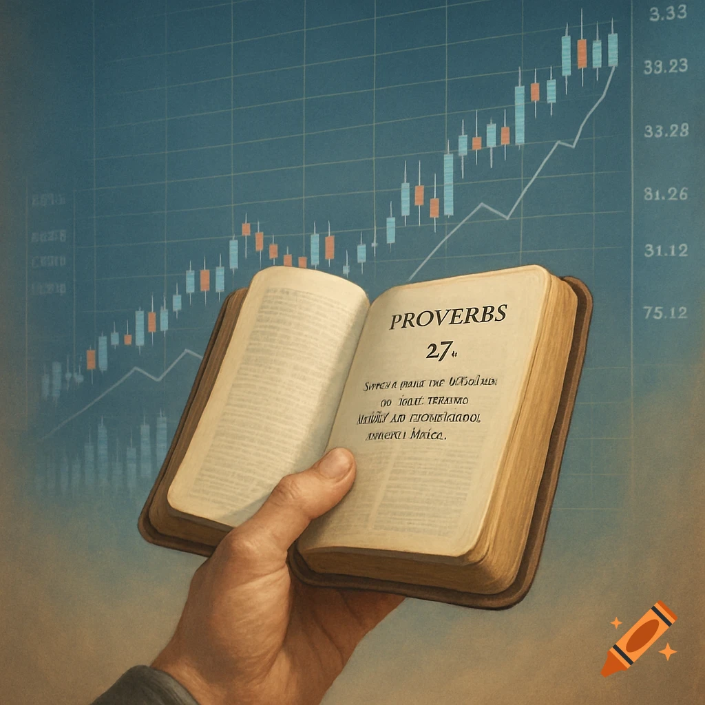 A hand holds an open Bible showing 'Proverbs 27' against a background of an upward-trending financial stock chart.
