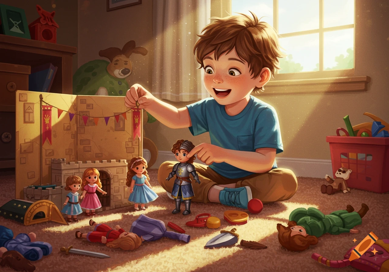 A boy happily playing with dolls and a toy castle on the floor in a sunlit room.