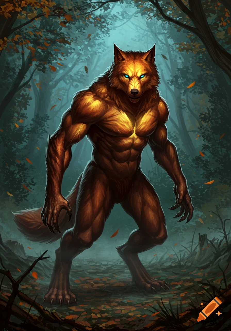 A muscular werewolf with copper-golden fur and glowing blue eyes stands in a dark, misty autumn forest.