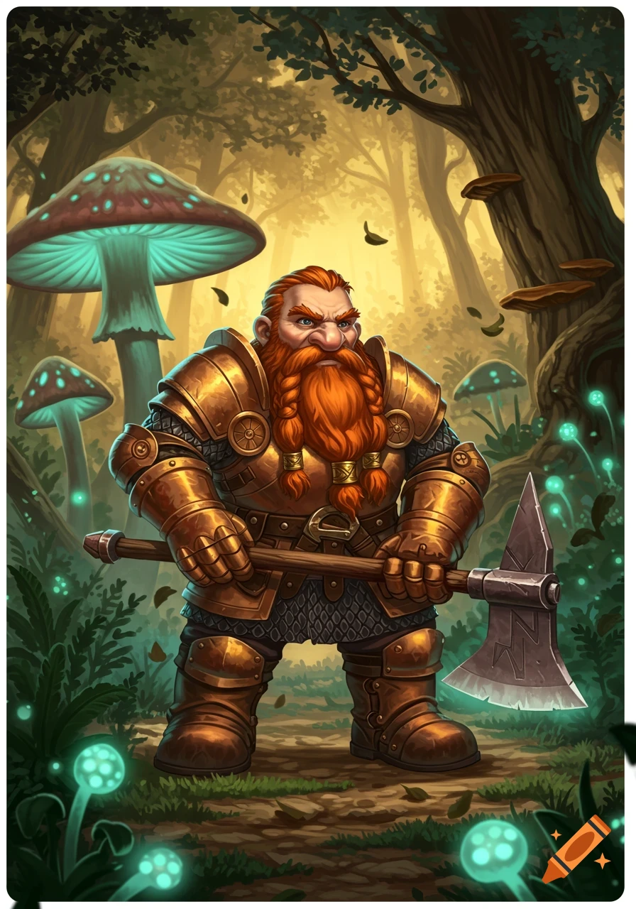 A heavily armored dwarf warrior with a braided red beard holds an axe in a glowing mushroom forest, fantasy art style.