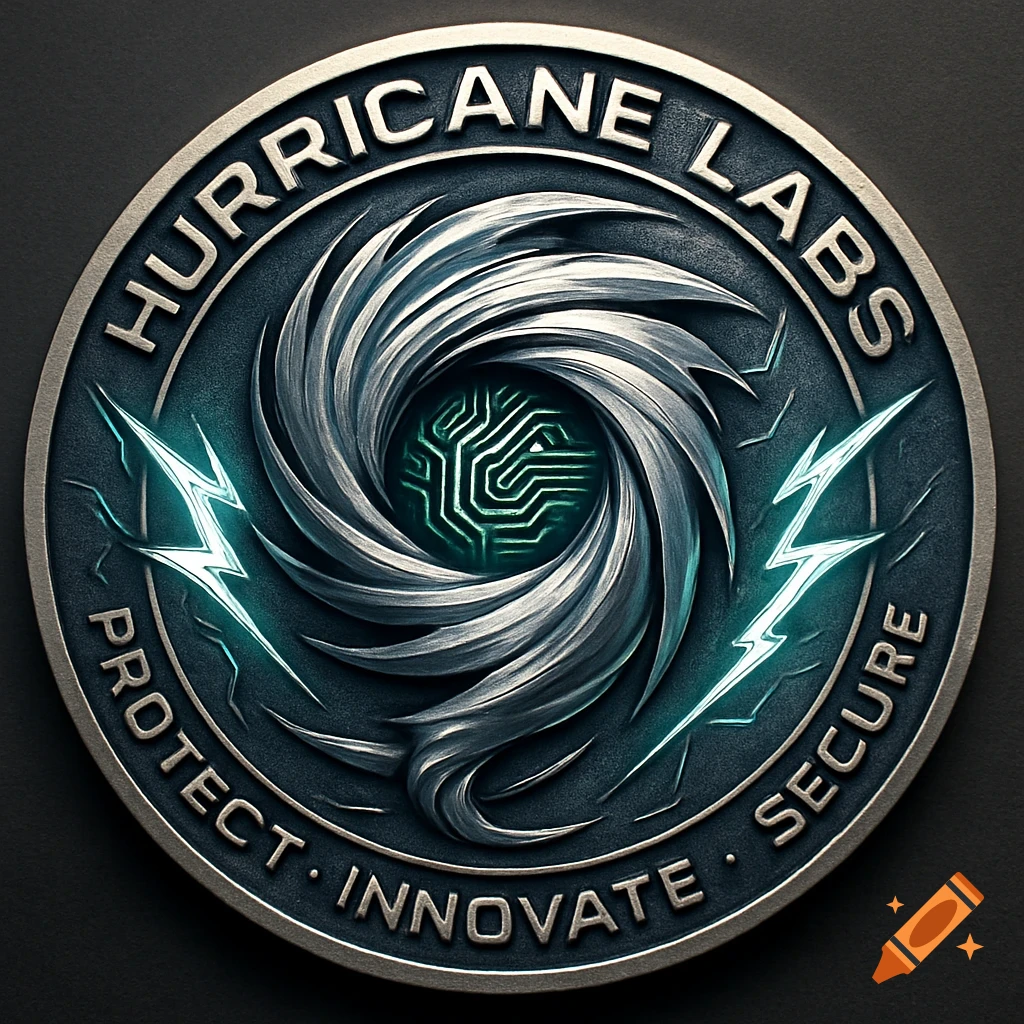 Metallic challenge coin for Hurricane Labs with a swirling design, glowing circuit board, and lightning bolts. Text reads 'PROTECT INNOVATE SECURE'.