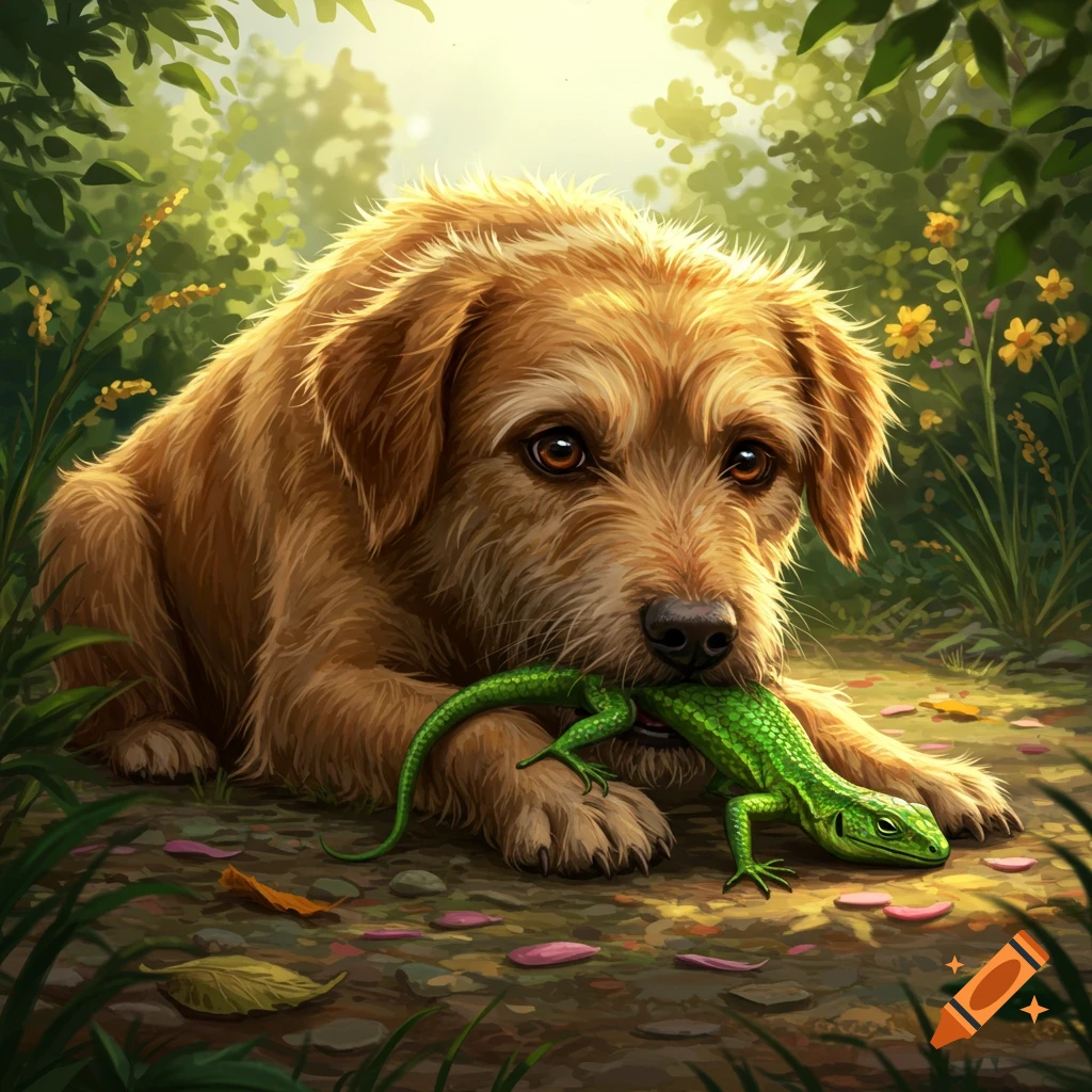 A golden-brown dog gently holds a bright green lizard in its mouth in a sunlit, illustrated forest.