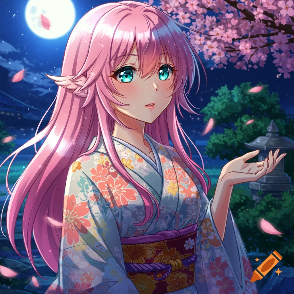 An anime girl with long pink hair and teal eyes wears a patterned kimono under a full moon with pink cherry blossoms falling around her at night.