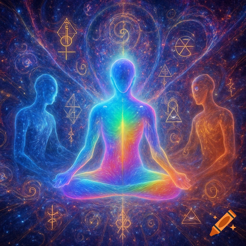 Three glowing ethereal human figures meditate in a cosmic, star-filled void surrounded by abstract geometric symbols and energy trails. The central figure glows in rainbow colors, while the side figures are blue and orange.