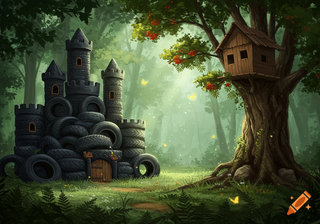 A whimsical castle constructed from old tires stands in a lush, magical forest with a wooden treehouse built into a large tree.
