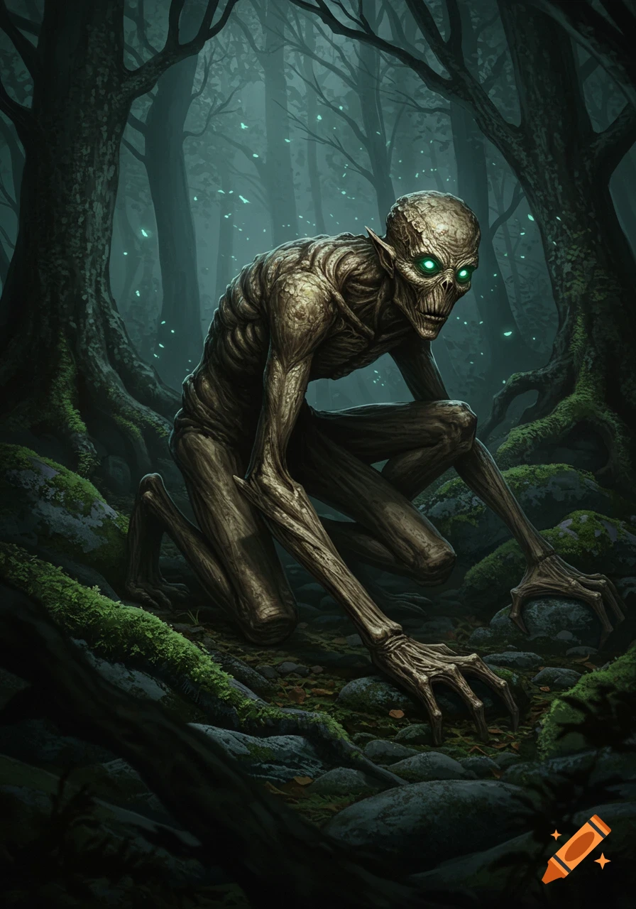 A creepy, skeletal creature with glowing green eyes crouches in a dark, mossy forest with ethereal glowing specks.