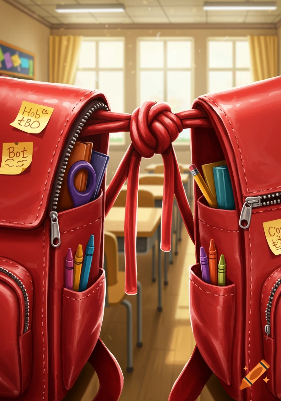 Two red school backpacks, filled with school supplies, are tied together in a sunny classroom, in an illustrative style.