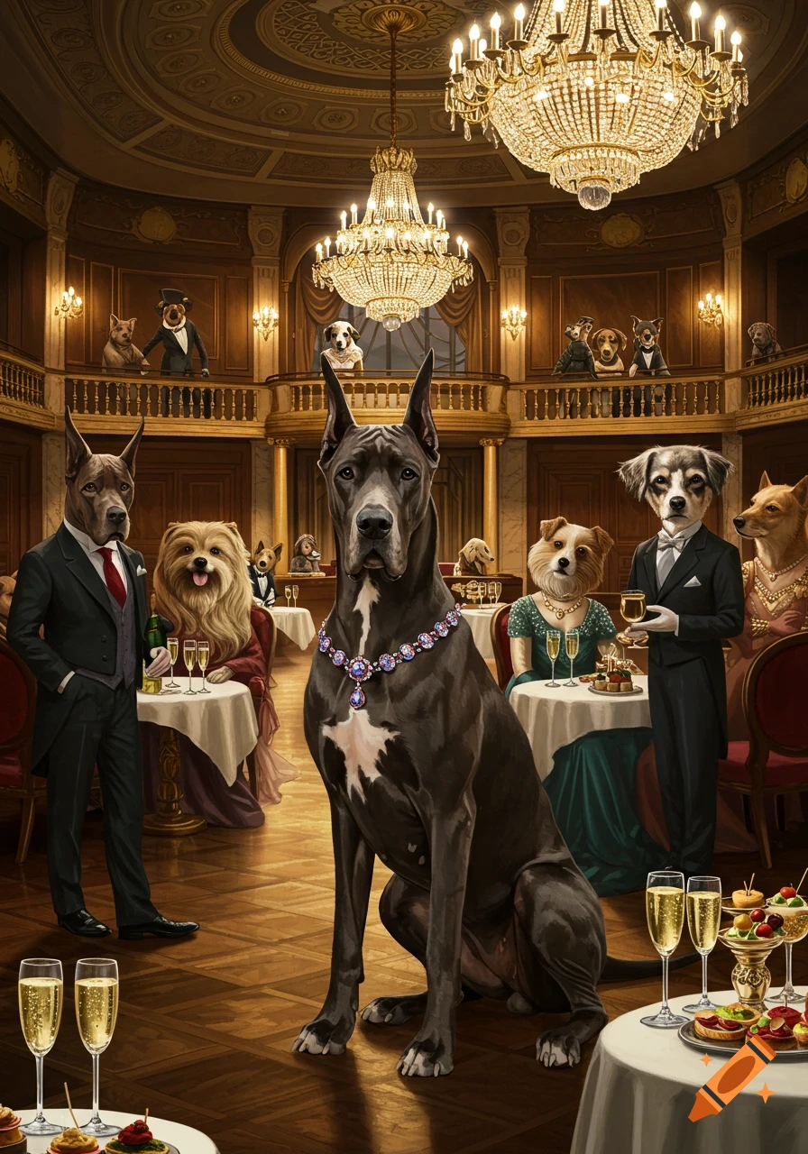 Anthropomorphic dogs in formal wear gather in a grand, opulent ballroom with crystal chandeliers, enjoying a luxury event.