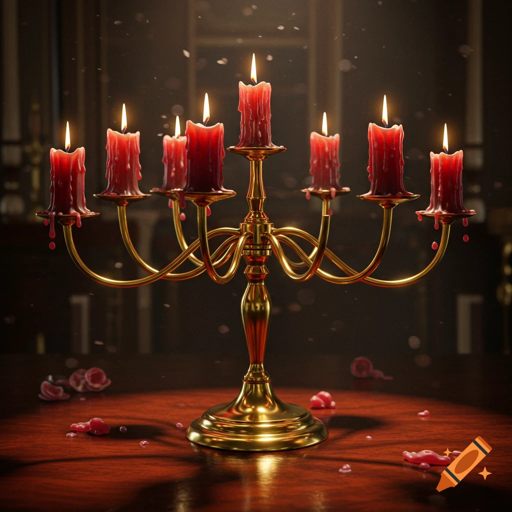 A photorealistic image of a golden candelabra with seven red burning candles, melting wax dripping onto a dark wooden table.