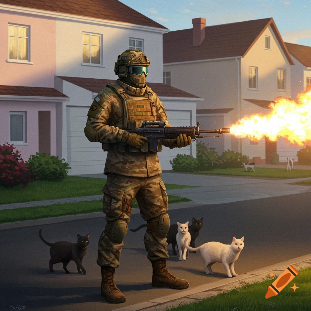A soldier in camouflage uniform holds a flamethrower with a large flame in a suburban street, with several cats nearby.