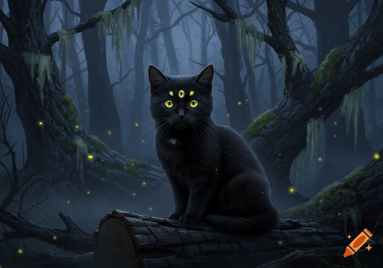 A mystical black cat with three glowing yellow eyes sits on a log in a dark, misty forest with glowing fireflies.