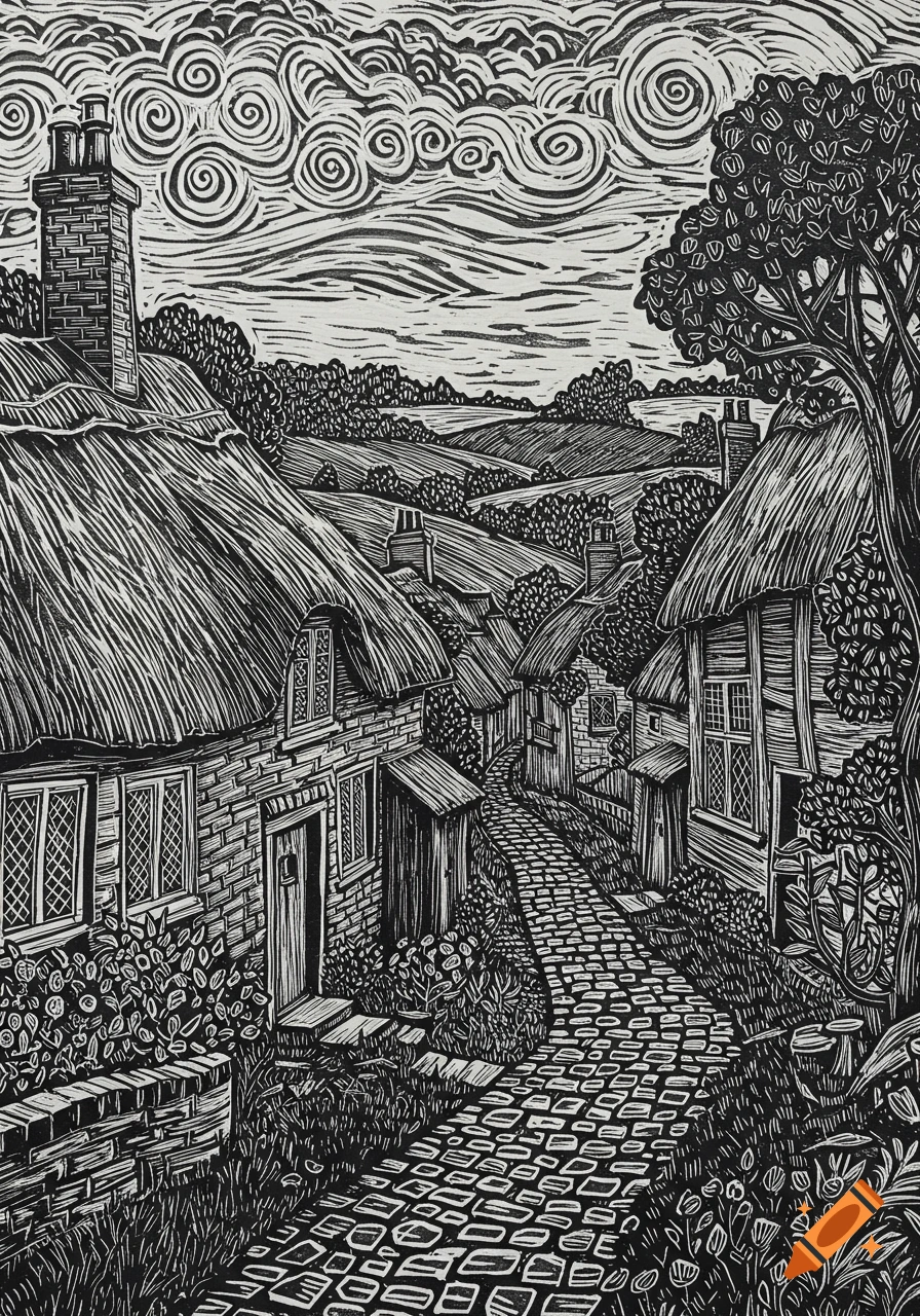 A detailed black and white linocut print of a quaint village street with thatched cottages and a winding cobblestone path.