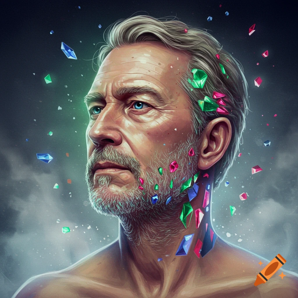Profile portrait of a middle-aged man with a beard, colorful gemstones embedded in his face, hair, and neck, against a dark, glowing background.
