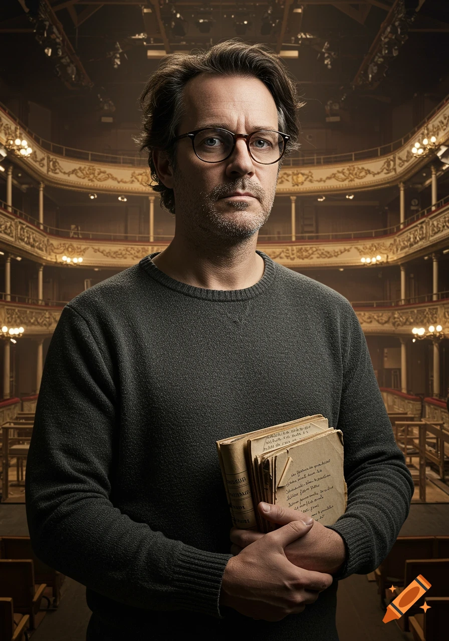 A photorealistic portrait of a man with glasses and a beard, wearing a dark sweater, holding a stack of old books in a grand theater.