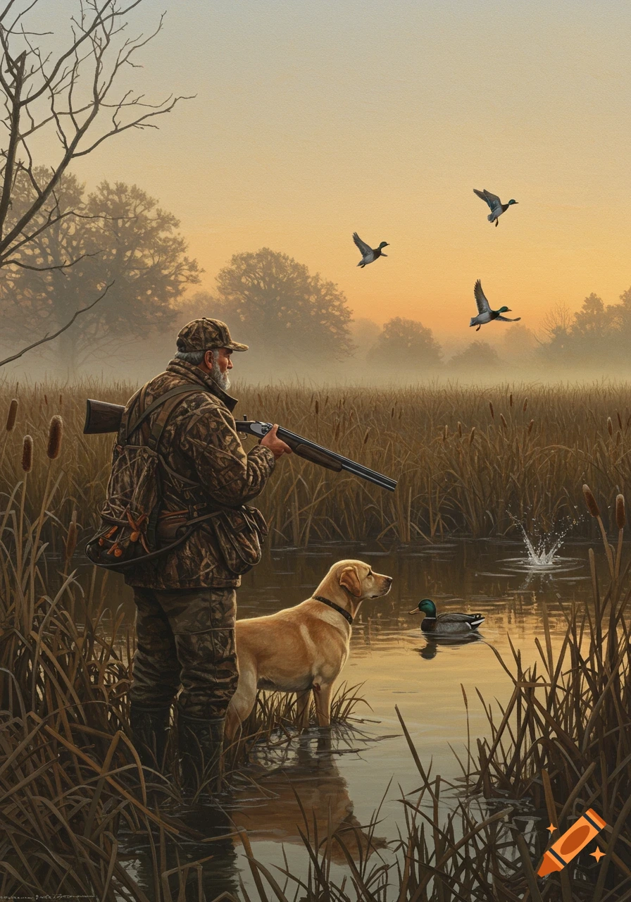 A realistic painting of a duck hunter and a yellow Labrador in a foggy wetland at sunrise, watching ducks fly and swim.