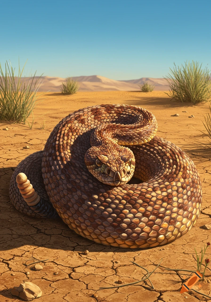 A photorealistic rattlesnake coiled on dry, cracked desert ground under a clear blue sky.
