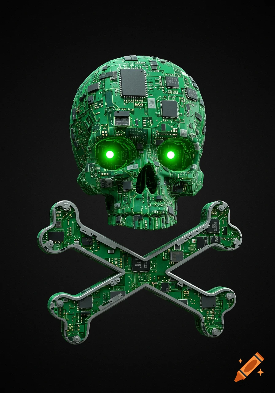 A skull and crossbones symbol rendered with green circuit board material and silver aluminum extrusion, set against a dark background, with the skull's eyes glowing green.