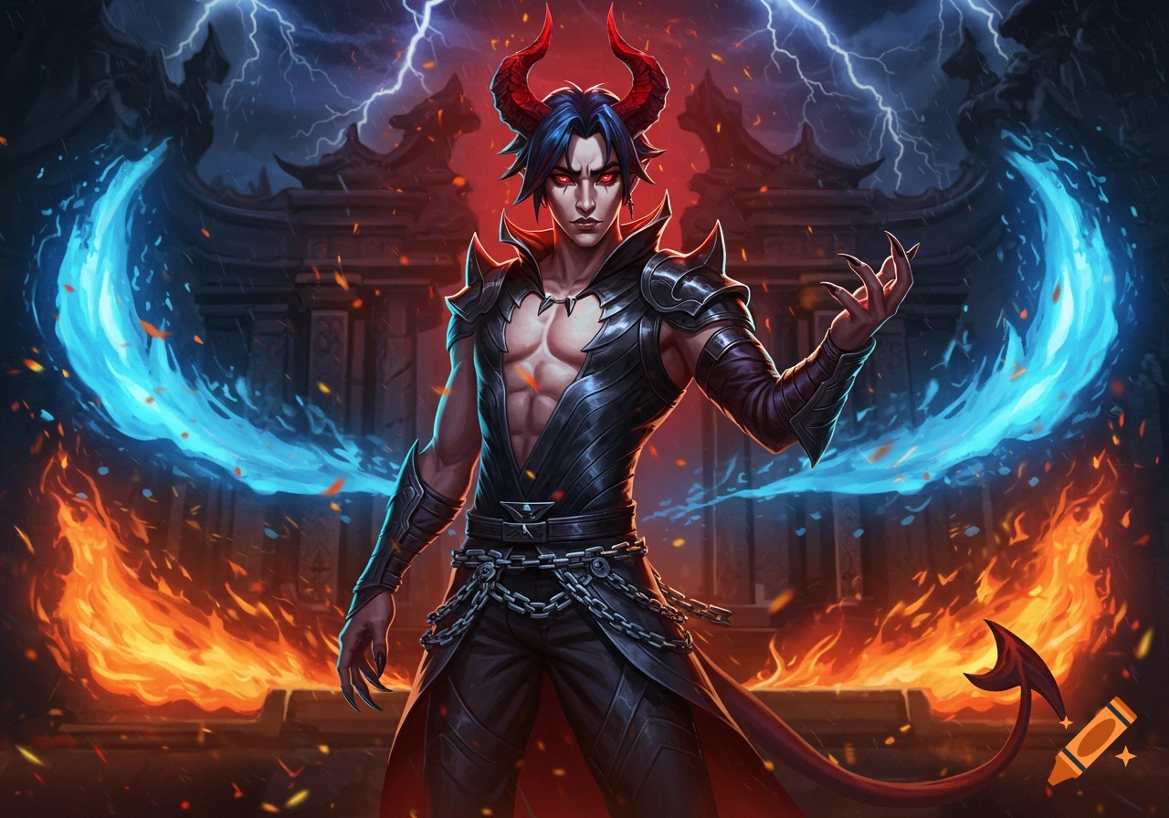 A powerful demon character with red horns, blue hair, glowing red eyes, and dark armor stands between blue energy and orange flames, with lightning in the background, in a digital art style.