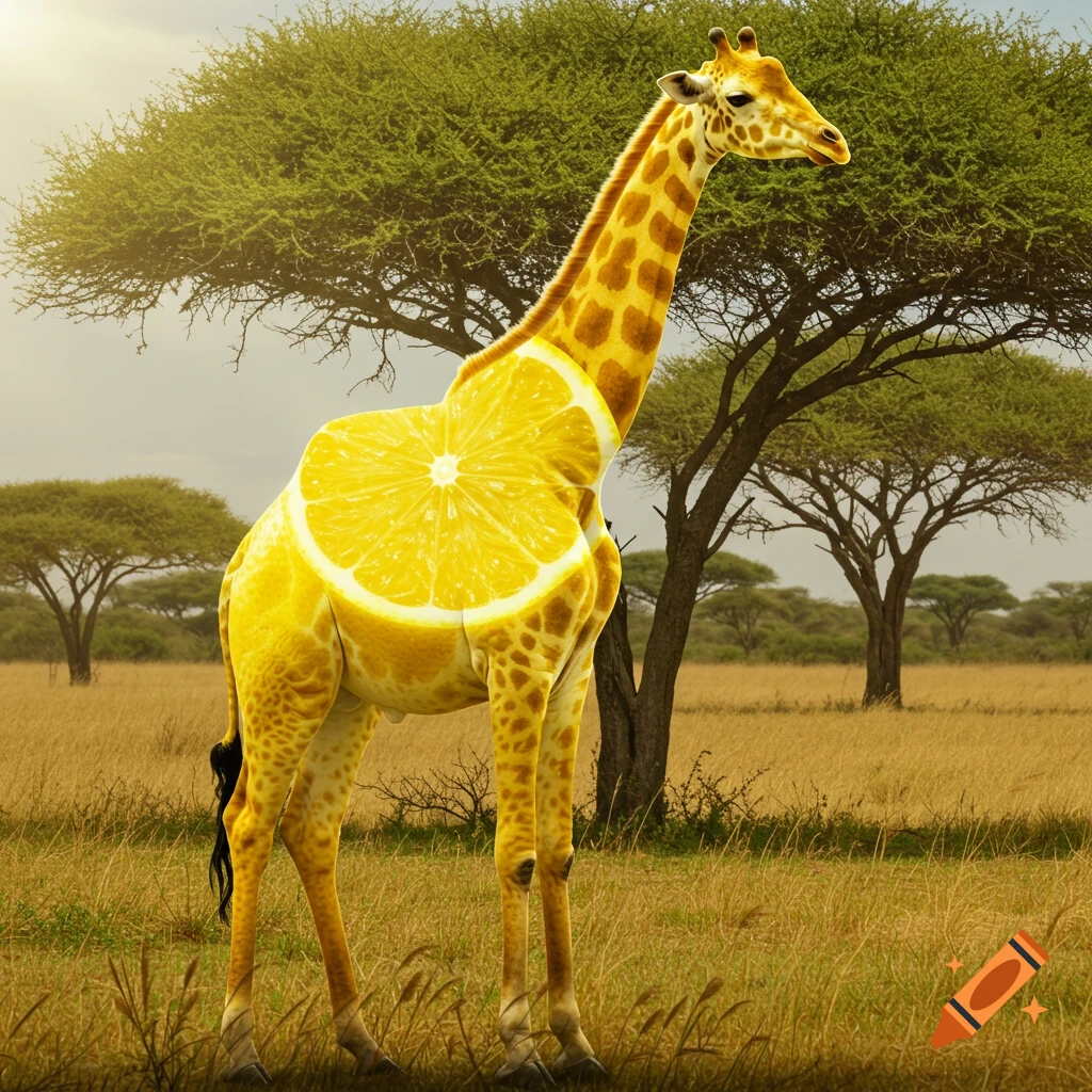 A photorealistic giraffe with a large cross-section of a lemon forming its body stands in a sunny savanna landscape.